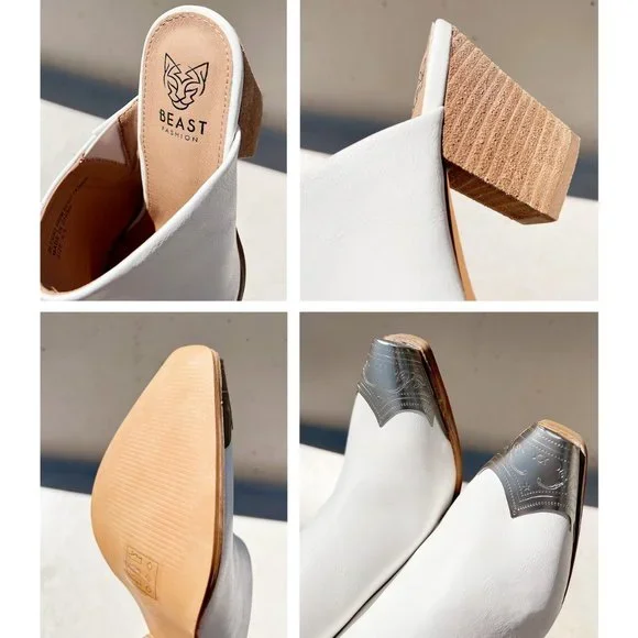 NEW White PU Leather Silver Metal Pointy Square Toe Block Heel Western Mule Shoe - Picture 10 of 13